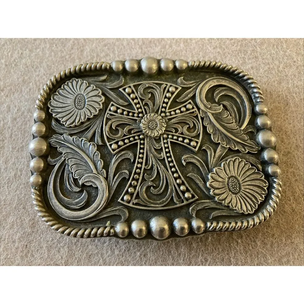 Montana Silversmiths Engraved Cross Belt‎ Buckle Silver Floral Western